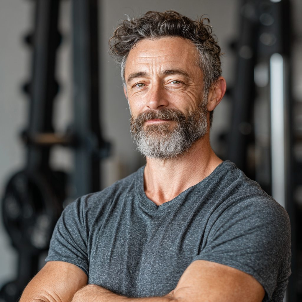 Confident mature male fitness professional in his early fifties wearing athletic wear, standing in a well-equipped gym with professional training equipment, displaying expertise and approachable demeanor