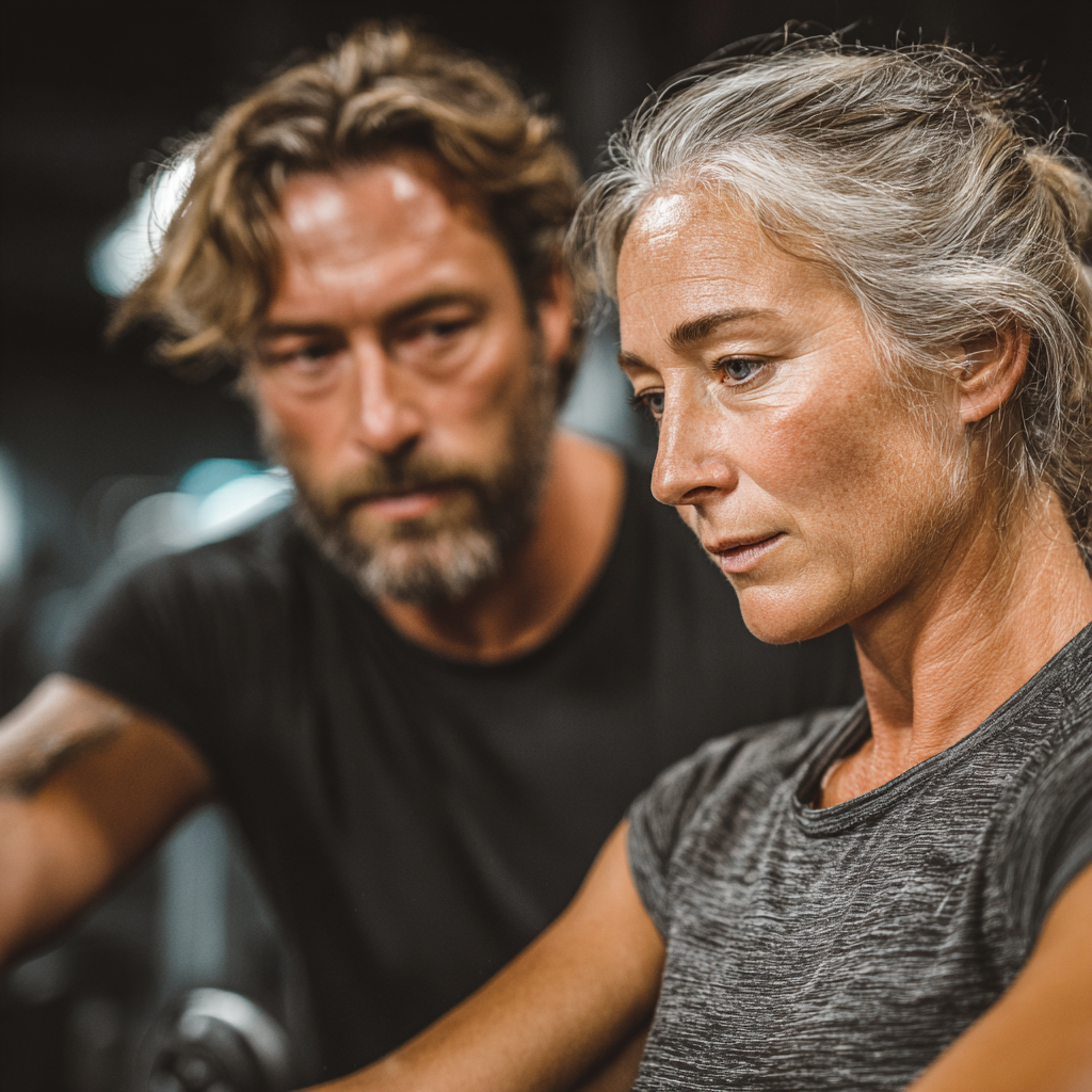 Professional fitness trainer working with a mature adult woman in her late forties during a personalized exercise session in a modern gym, both focused on proper form and technique